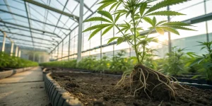 Plant de cannabis en serre avec racines visibles et systeme racinaire developpe.