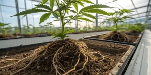 Systeme racinaire de cannabis developpe dans un bac de culture en serre.