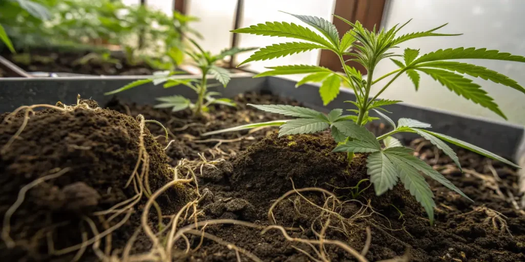 Jeune plant de cannabis avec racines visibles dans un sol fertile.