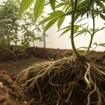 Racines d’un plant de cannabis visibles dans un sol fertile.