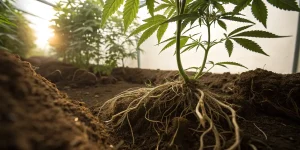 Racines d’un plant de cannabis visibles dans un sol fertile.
