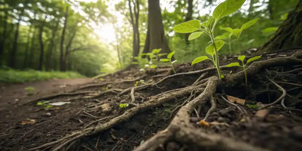 Jeunes plantes poussant parmi des racines dans un sol forestier.