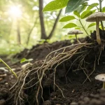 Racines de plantes et champignons dans un sol forestier.