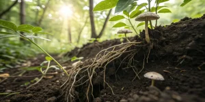 Racines de plantes et champignons dans un sol forestier.