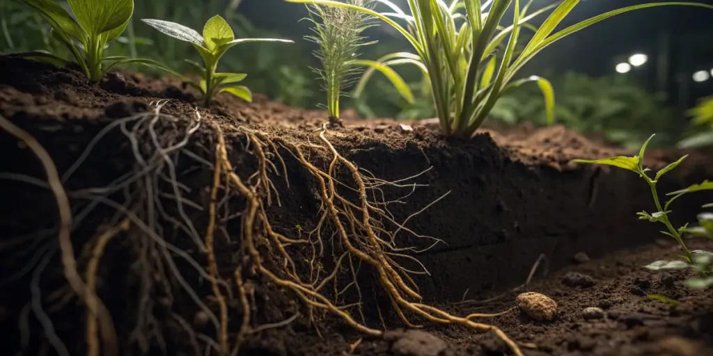 Racines de plantes visibles dans une coupe de sol fertile.