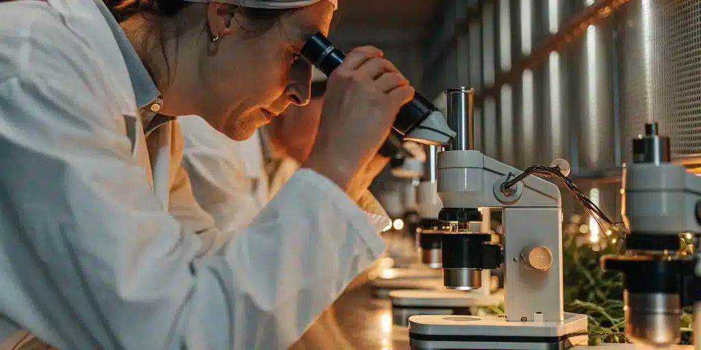 Chercheuse examinant un échantillon de cannabis au microscope dans un laboratoire.