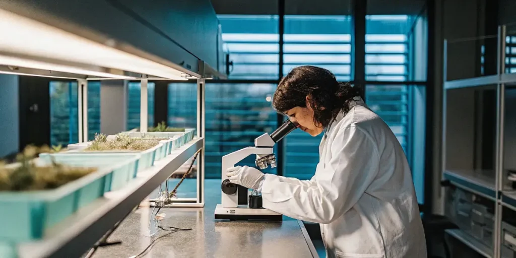 Chercheuse observant des échantillons de cannabis au microscope dans un laboratoire.