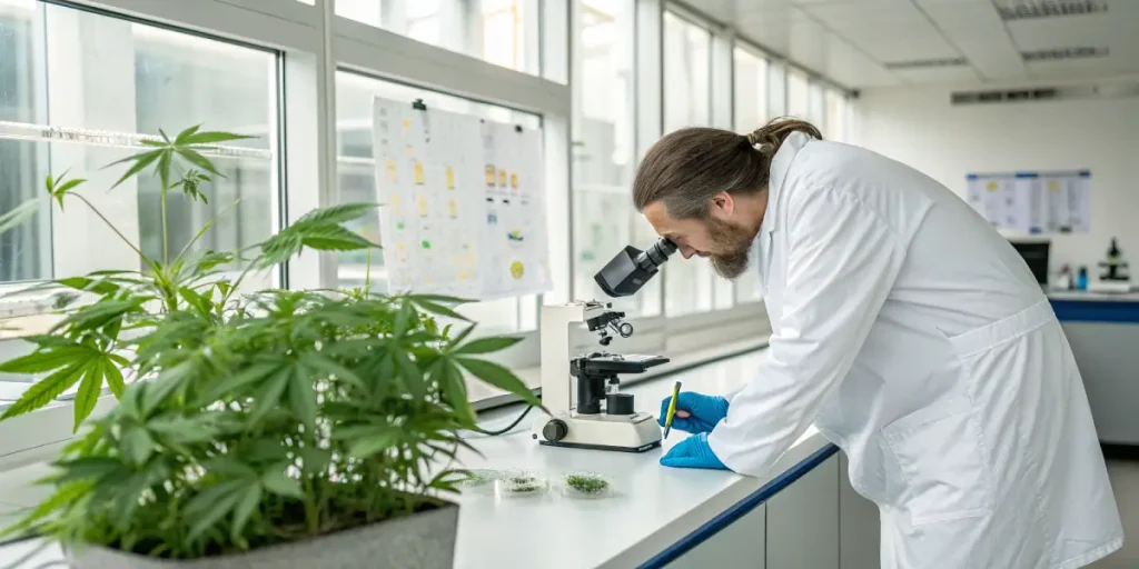Chercheur étudiant des échantillons de cannabis au microscope en laboratoire.
