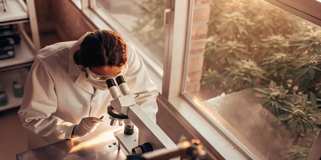 Scientifique analysant un échantillon de cannabis au microscope dans un laboratoire.
