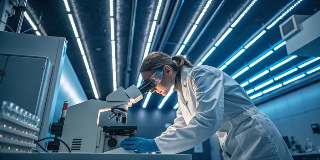 Scientifique analysant un echantillon au microscope dans un laboratoire high tech.