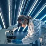 Scientifique analysant un echantillon au microscope dans un laboratoire high tech.