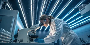 Scientifique analysant un echantillon au microscope dans un laboratoire high tech.