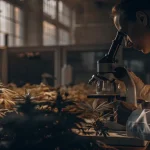 Scientifique analysant des plants de cannabis avec un microscope dans une serre.