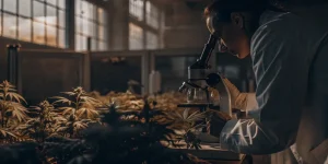 Scientifique analysant des plants de cannabis avec un microscope dans une serre.