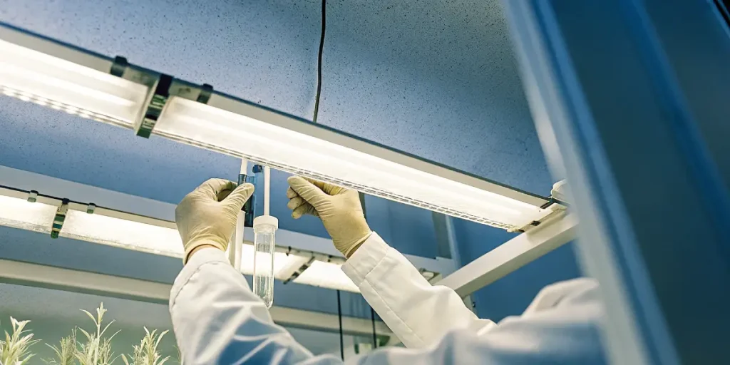 Scientifique prelevement echantillon laboratoire avec tube essai sous lampe fluorescente.