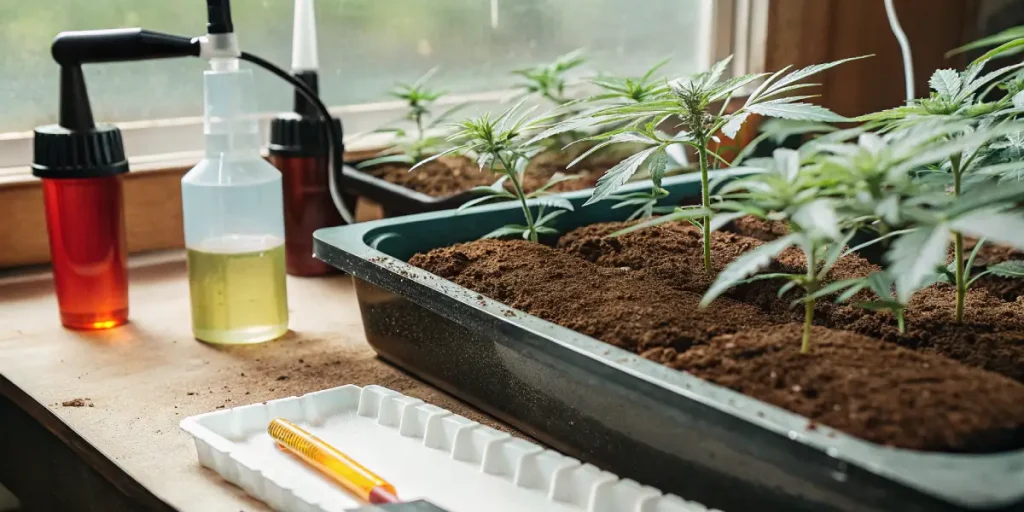 jeunes plants de cannabis en intérieur avec substrat, arrosage et matériel de culture