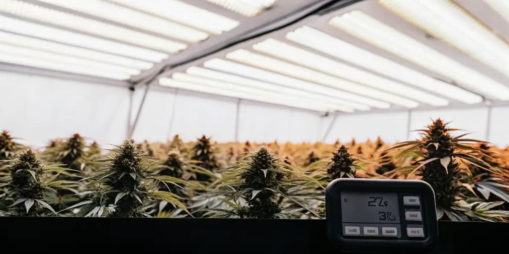 serre de cannabis en intérieur avec contrôle de la température et de l’humidité pendant la floraison