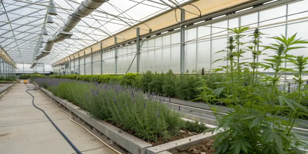 Plants de cannabis cultives en serre avec plantes aromatiques.