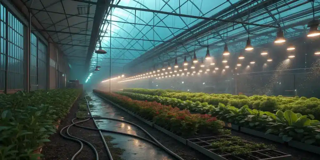 Serre moderne avec systeme d irrigation et rangées de cultures sous eclairage artificiel.