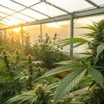 Plants de cannabis en floraison dans une serre lumineuse au coucher du soleil.