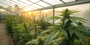Plants de cannabis en floraison dans une serre lumineuse au coucher du soleil.