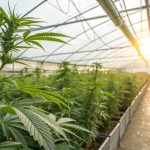 Plants de cannabis en serre moderne avec lumiere naturelle au coucher du soleil.
