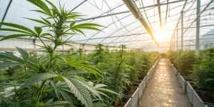Plants de cannabis en serre moderne avec lumiere naturelle au coucher du soleil.