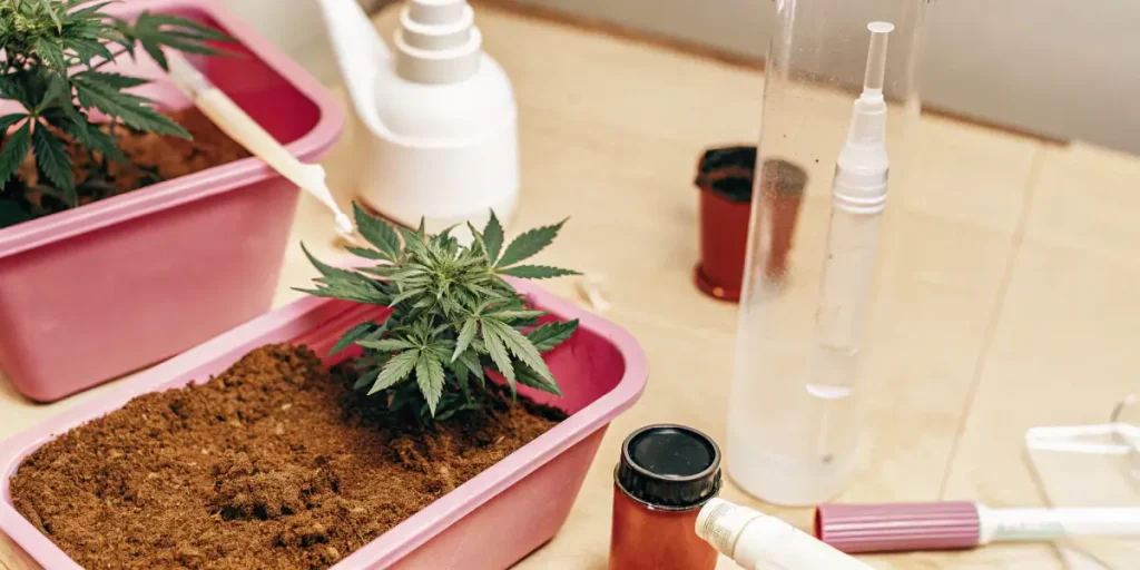 petit plant de cannabis en intérieur avec outils de soin et culture contrôlée