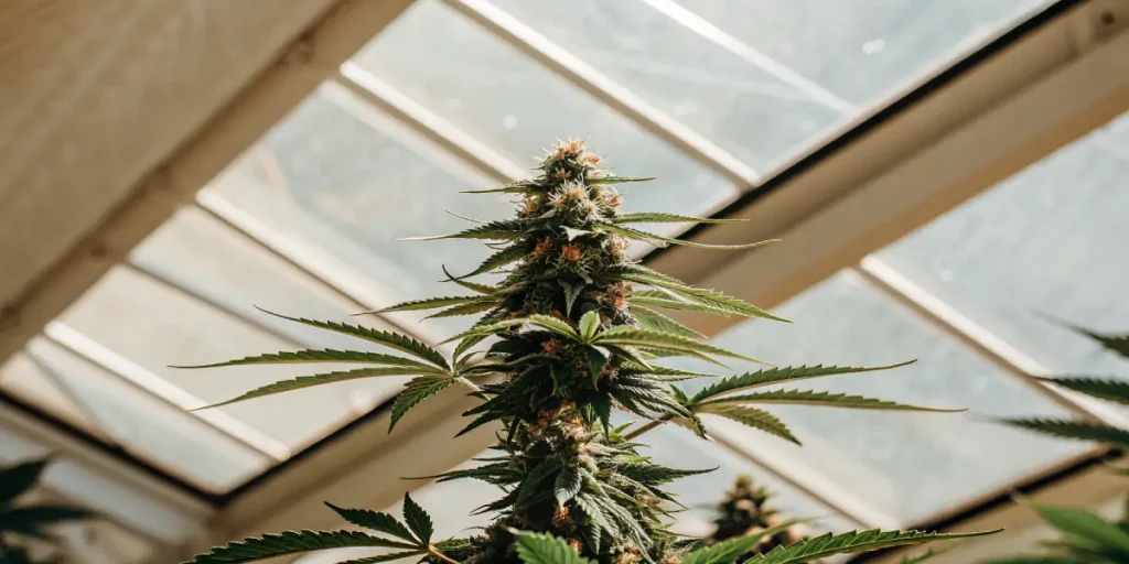 Sommet de plante de cannabis en floraison sous toit vitré de serre.