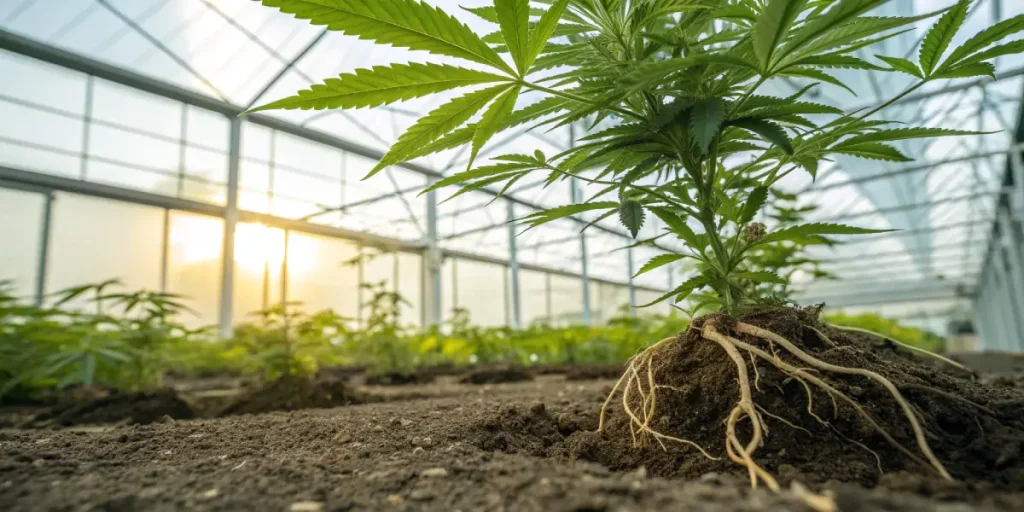 Jeune plant de cannabis en serre avec racines exposees dans le sol.