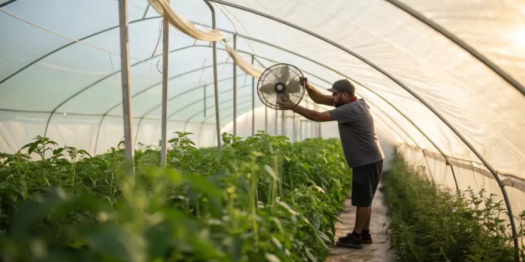 Installation d un ventilateur dans une serre de culture de cannabis.
