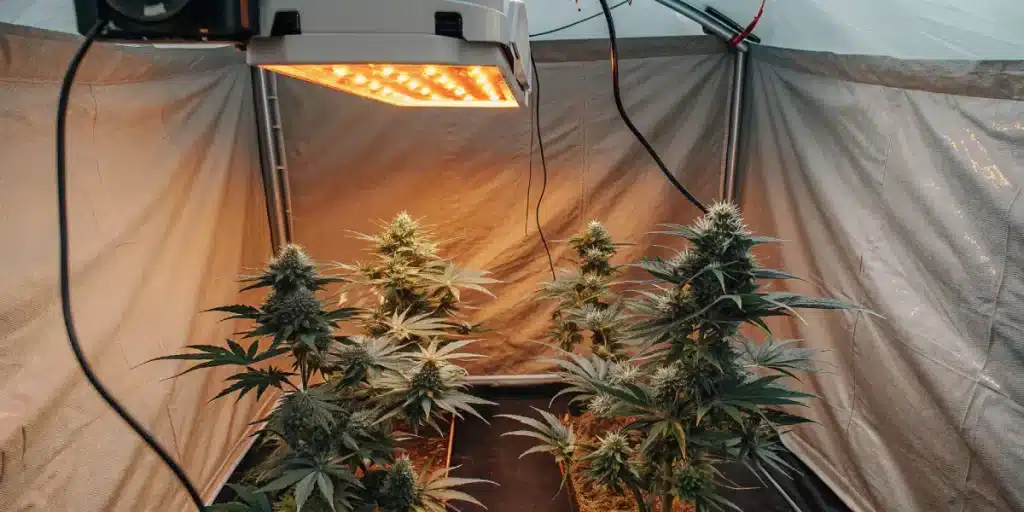 Plantes de cannabis matures cultivées en tente de culture intérieure avec éclairage LED puissant et environnement contrôlé.