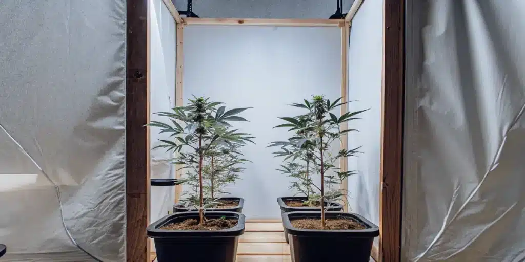 tente de culture de cannabis en intérieur avec plantes en pots alignées