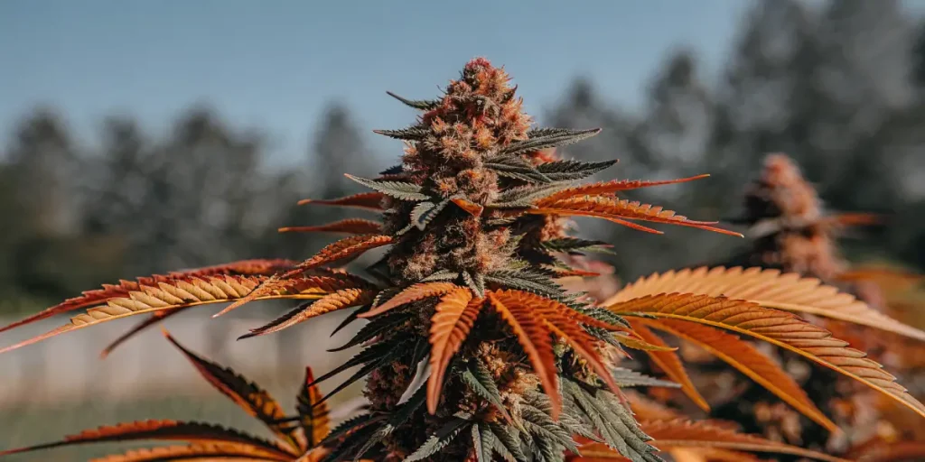 Tête de cannabis CBD cultivée en extérieur avec teintes orange et vert foncé, structure compacte et pistils visibles.