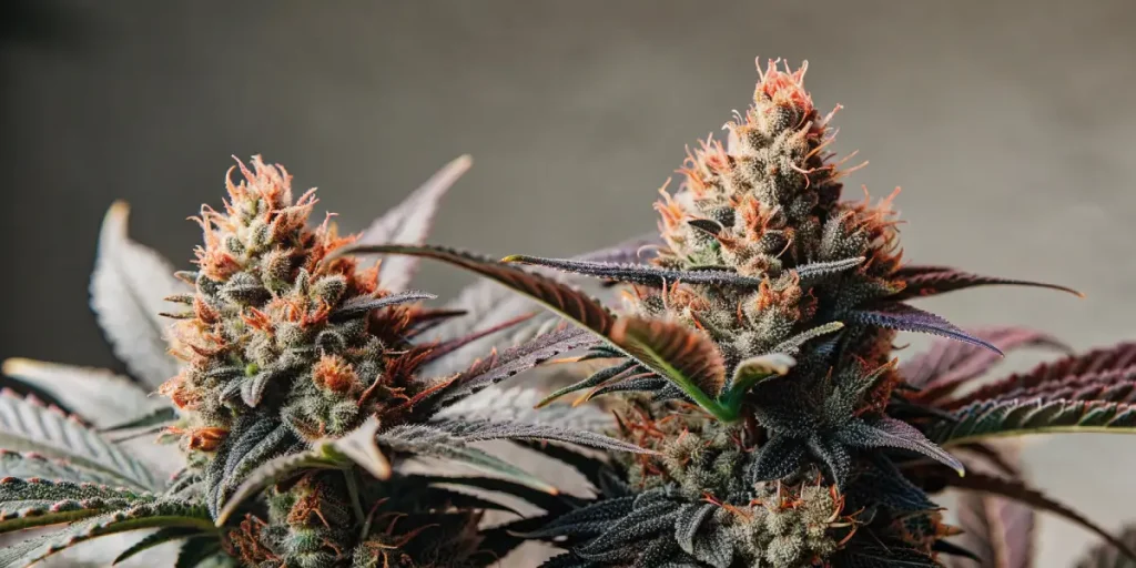 Têtes de cannabis matures avec pistils oranges et forte production de résine en culture contrôlée.