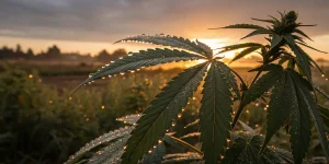 Gouttelettes de transpiration sur une feuille de cannabis au coucher du soleil.