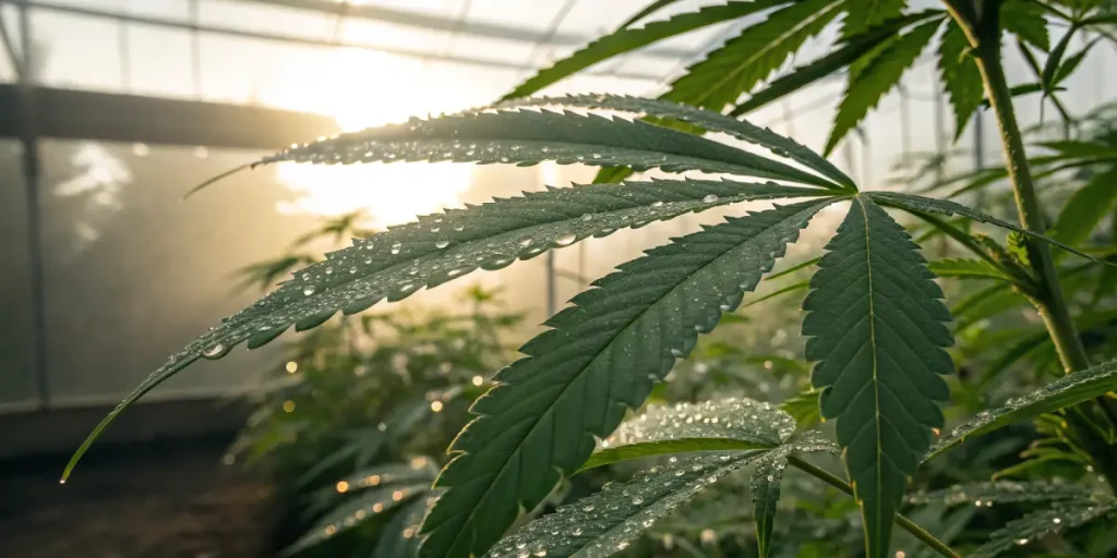 Gouttelettes sur feuille de cannabis sous lumiere naturelle en serre.