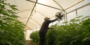 Cultivateur ajustant un ventilateur dans une serre de cannabis.
