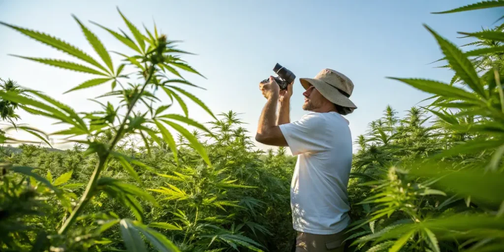 Agriculteur inspectant un champ de cannabis en culture extérieure