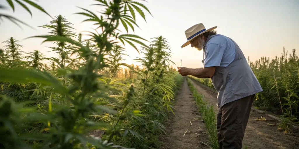 Agriculteur examinant des plants de cannabis dans un champ en plein air