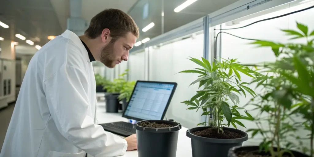 Analyse cannabis laboratoire avec scientifique étudiant des plantes et données sur ordinateur