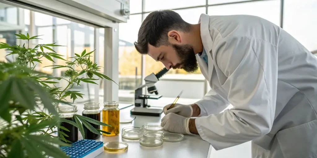 Scientifique analysant des échantillons de cannabis en laboratoire avec microscope.