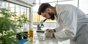 Scientifique analysant des échantillons de cannabis en laboratoire avec microscope.