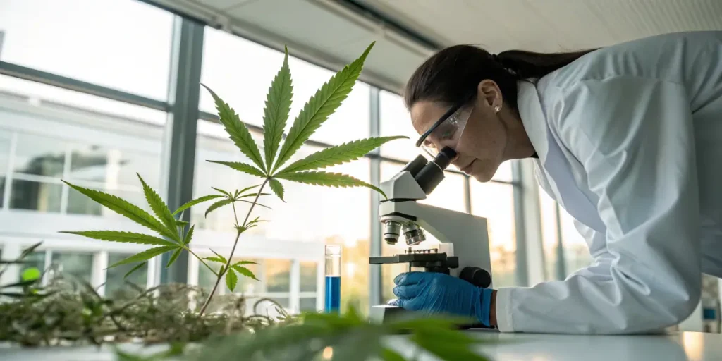 Un scientifique utilise un microscope pour analyser une feuille de cannabis en laboratoire. Cette scène met en avant les techniques de recherche utilisées pour évaluer la qualité et les propriétés des cultures de cannabis.