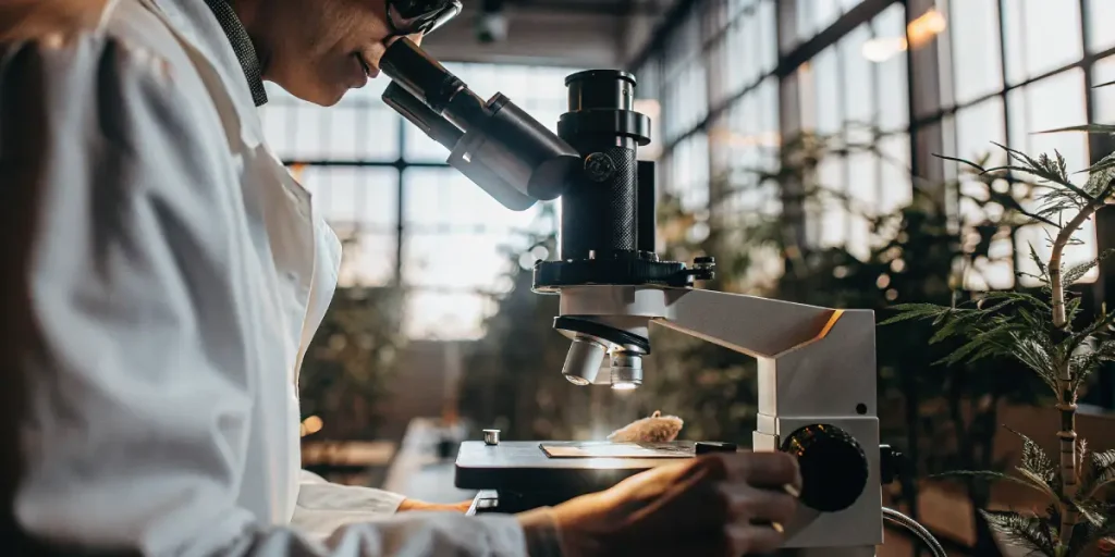 Scientifique analysant un échantillon de cannabis au microscope en laboratoire.