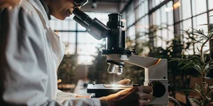 Scientifique analysant un échantillon de cannabis au microscope en laboratoire.