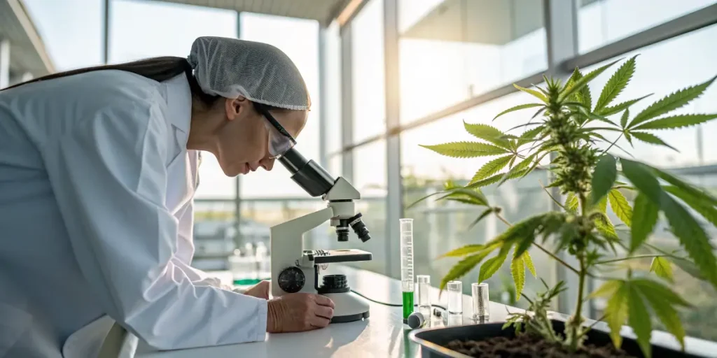 Chercheuse étudiant une plante de cannabis au microscope dans un laboratoire.