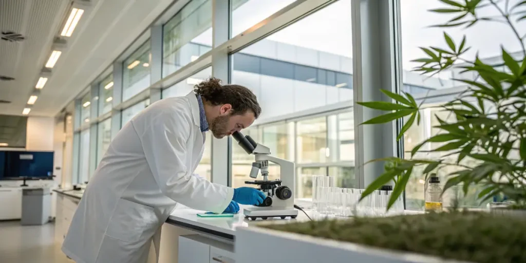 Un chercheur en blouse blanche examine un échantillon de cannabis à l’aide d’un microscope dans un laboratoire moderne. Cette scène illustre les प्रक्रés d’analyse scientifique, le contrôle qualité et la recherche appliquée au cannabis.