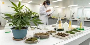Analyse cannabis laboratoire avec plante de chanvre en pot et échantillons sur table scientifique