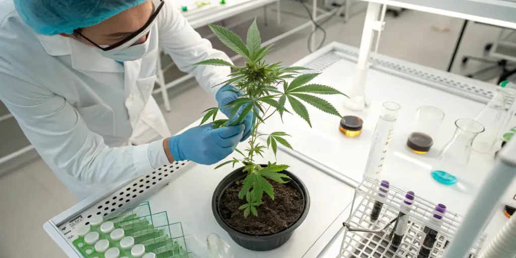 Un chercheur observe et manipule une plante de cannabis en pot dans un laboratoire moderne, entouré d’éprouvettes et d’équipements d’analyse. L’image illustre les प्रक्रés d’étude, de sélection et de contrôle qualité des cultures de cannabis.